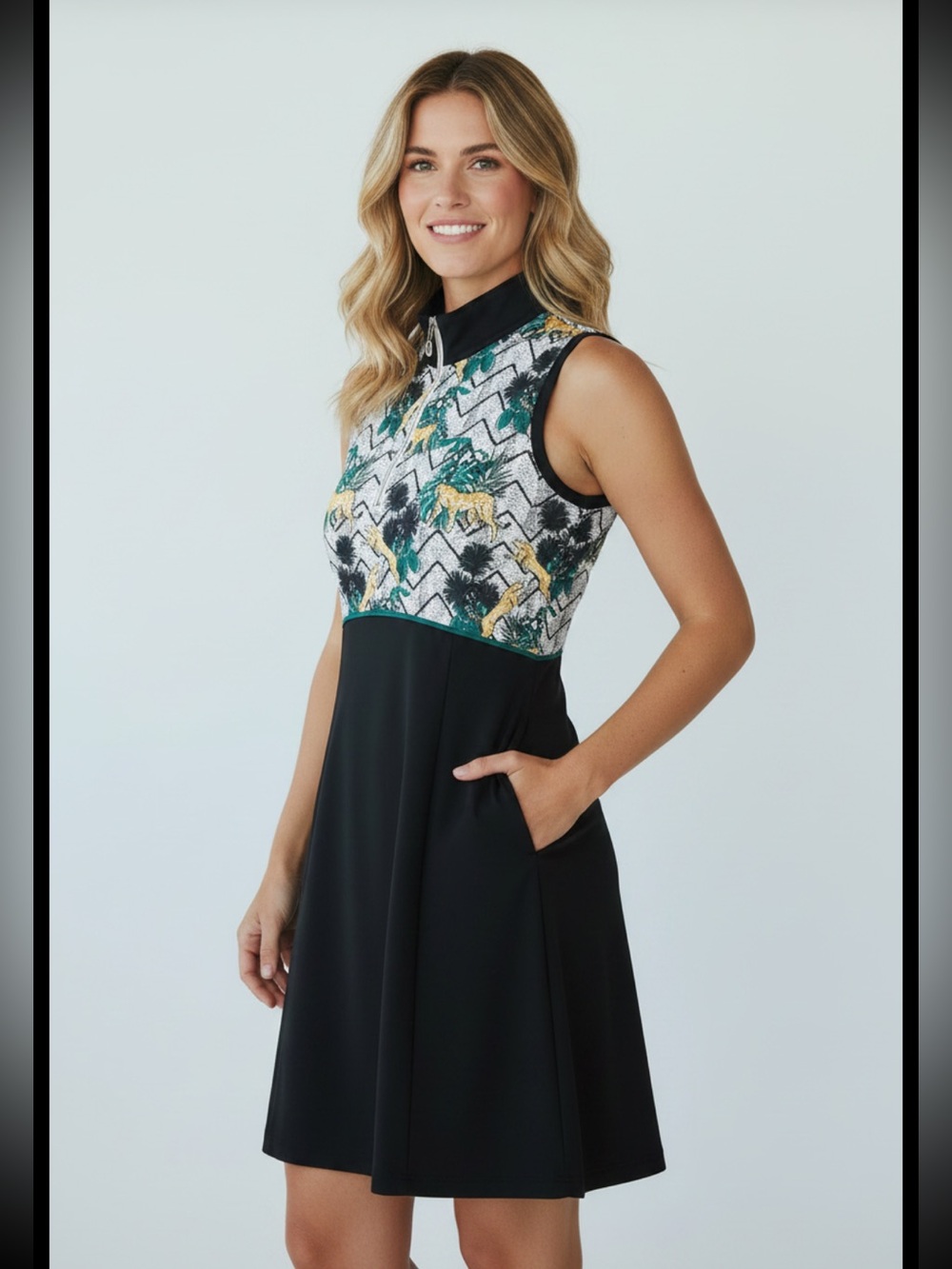 GGblue Kari Black Sleeveless Golf Quarter Zip Polo Dress w/ Jungle Print XS